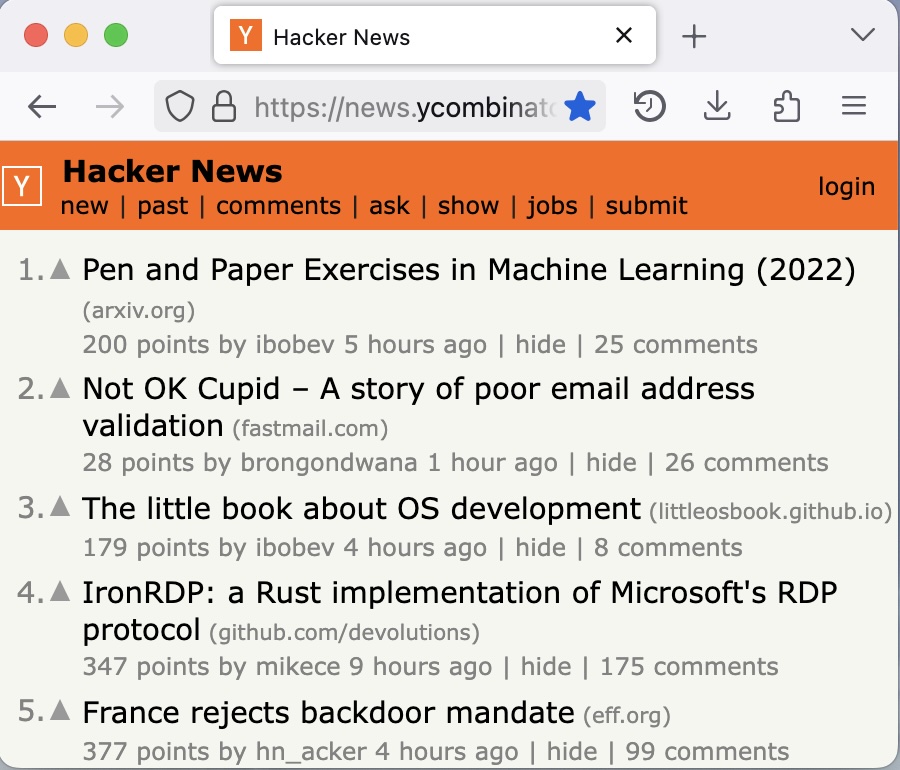 Screenshot of Hacker News in 2025